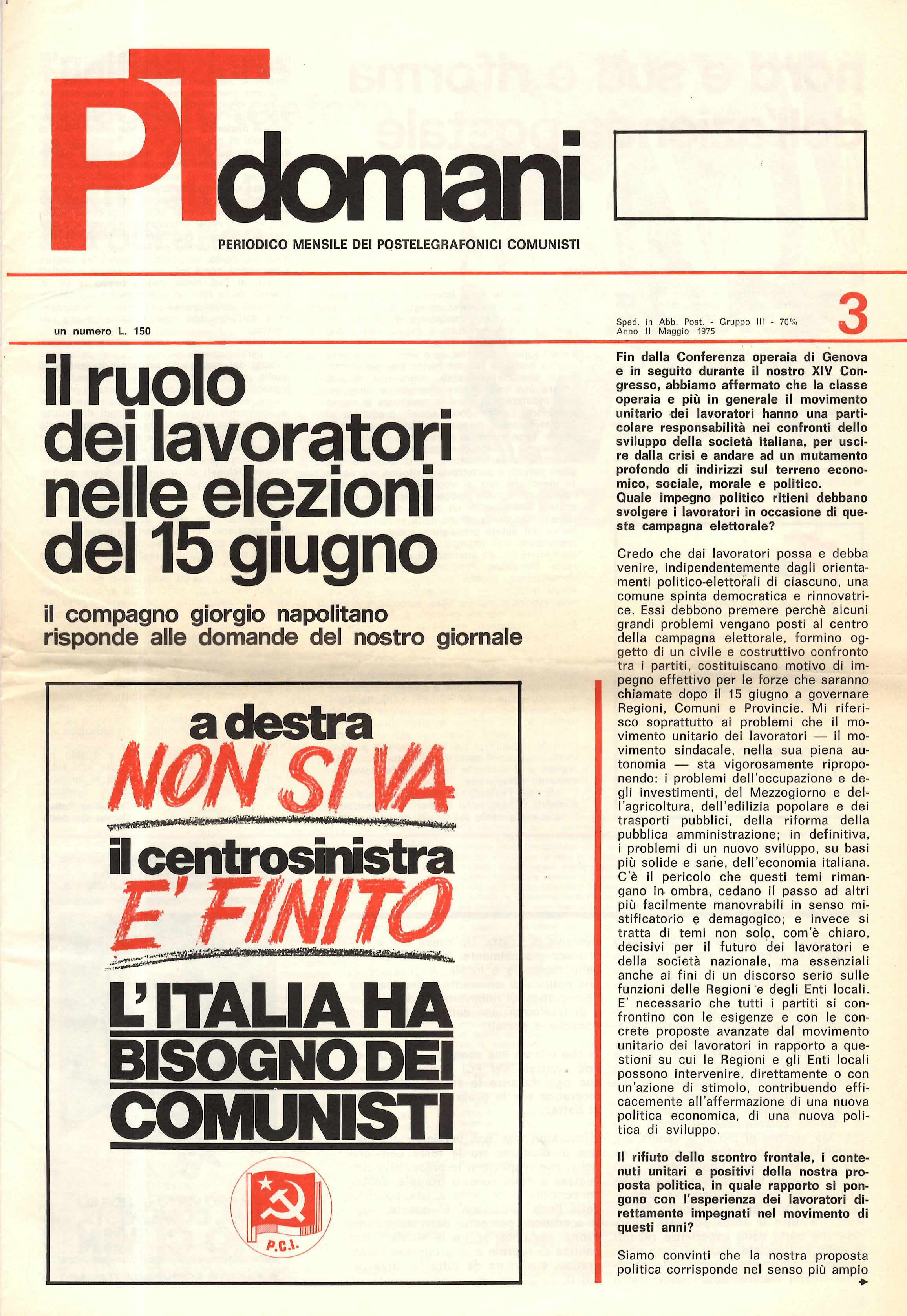 PT Domani. Periodico mensile dei postelegrafonici comunisti